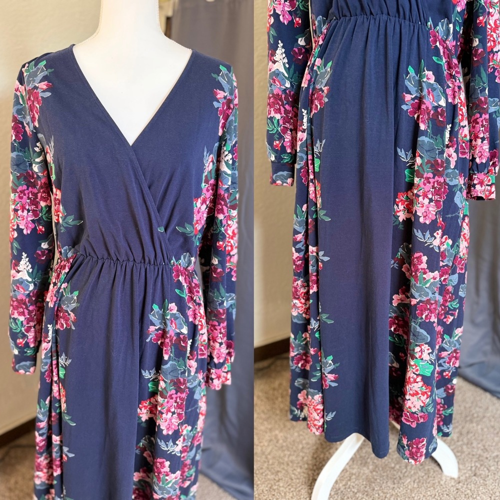 Joules Scarlett Maxi Dress 10 Navy Floral Long Sleeve V-Neck Pockets Jersey